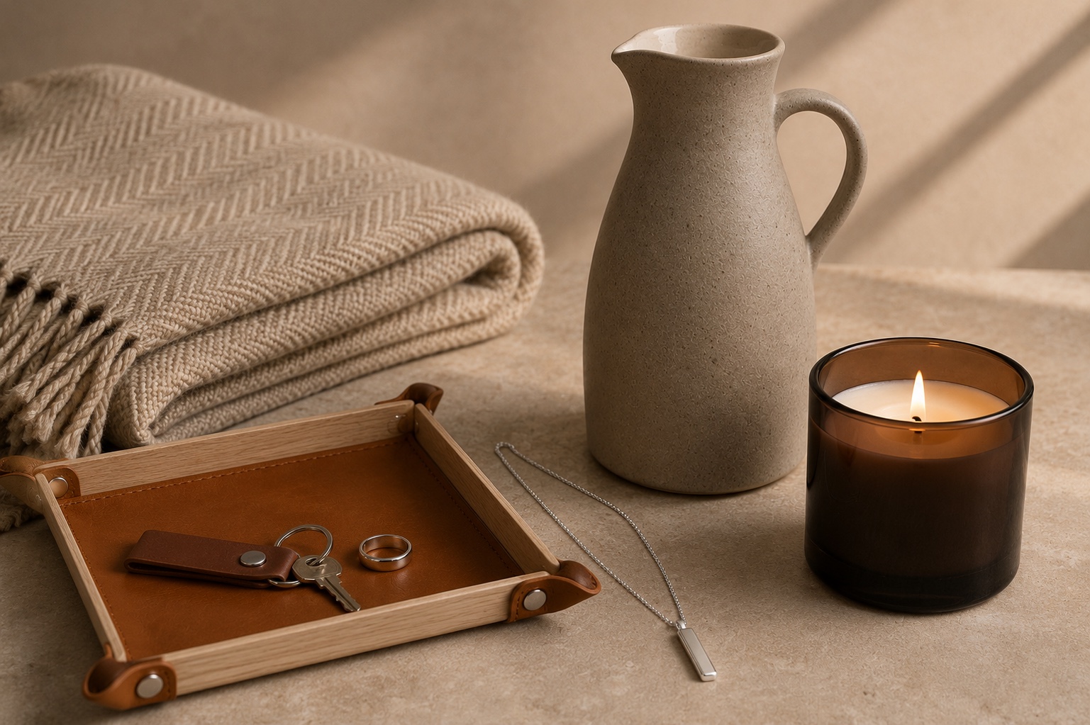 A woven throw, stoneware carafe, lit candle, leather tray, and silver pendant arranged in warm light