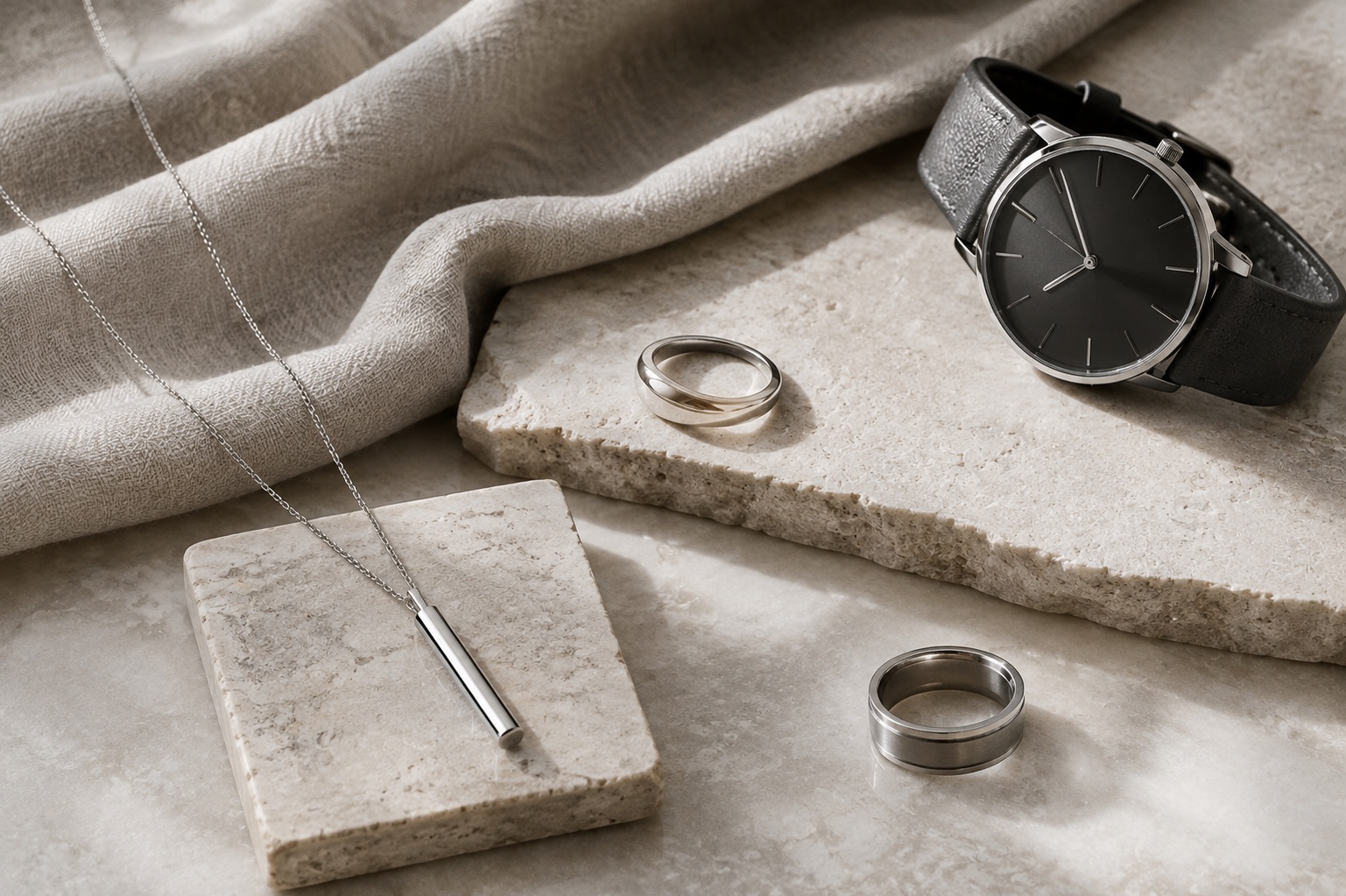 Silver jewellery and a dark-dial watch arranged on pale stone