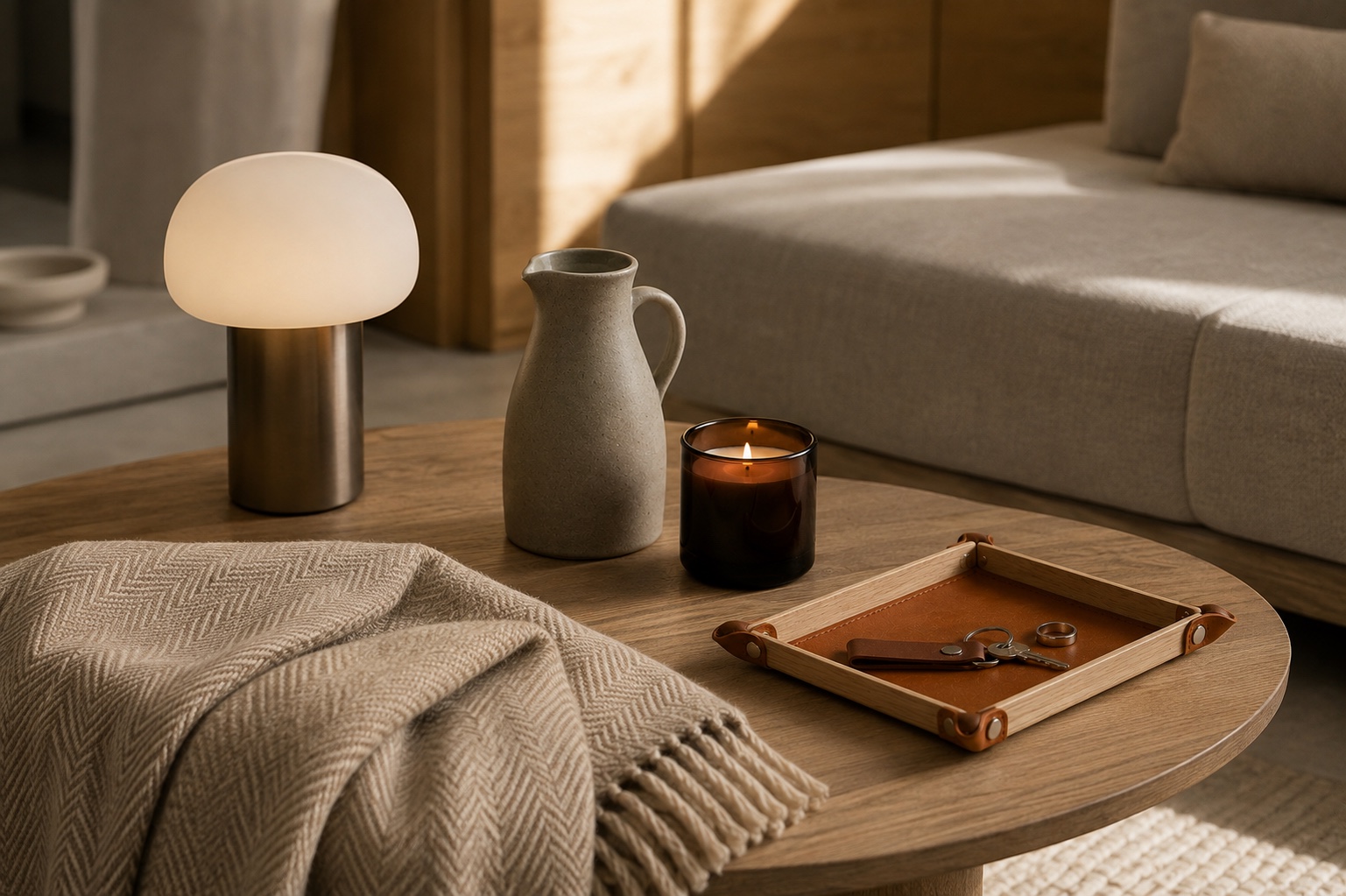 A glowing table lamp, stoneware carafe, candle, woven throw, and desk tray in a warm interior
