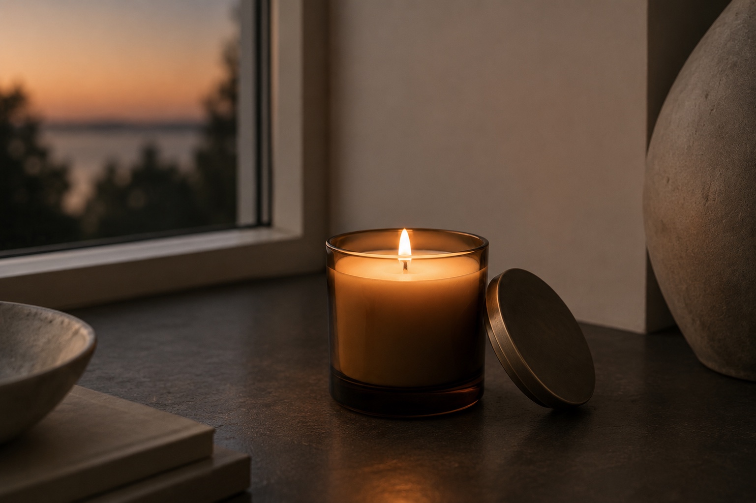Lit Dusk Candle in amber glass beside a window at dusk