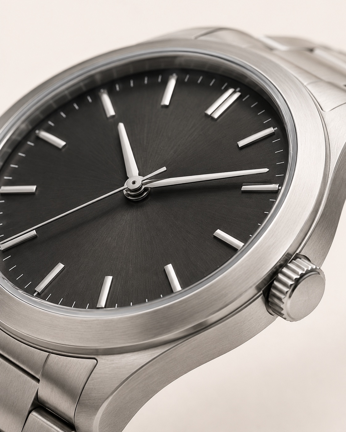Close view of the Field Watch 38 dark dial, steel case, and bracelet