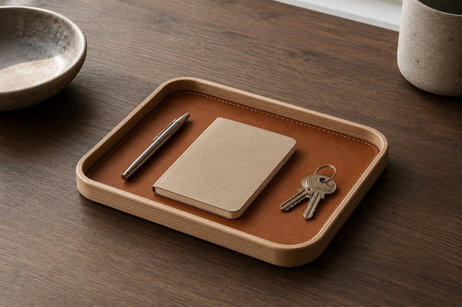Folio Desk Tray holding a pen, notebook, and keys on a dark wooden desk